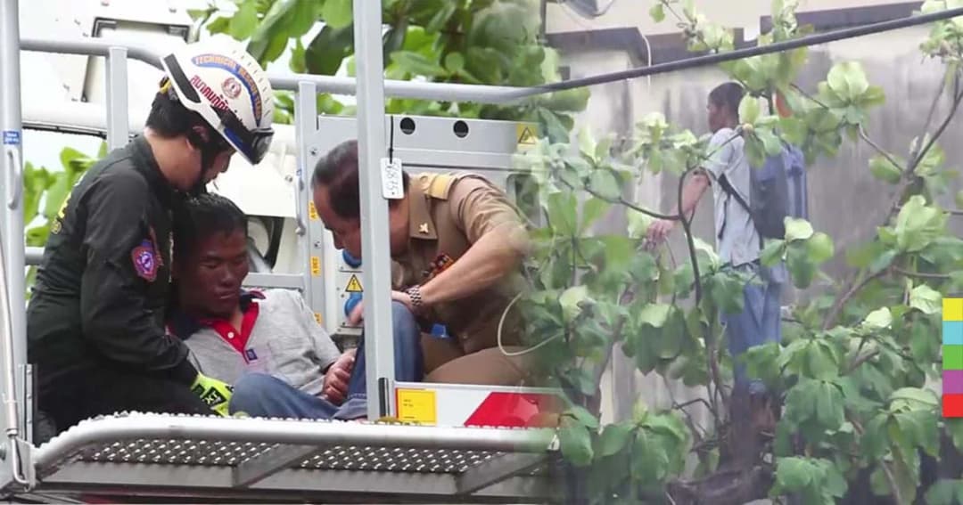 ช่วยกลางฝน ! หนุ่มคลั่งปีนต้นไม้สูงเท่าตึก 4 ชั้น จนท.กล่อมนาน 4 ชม.