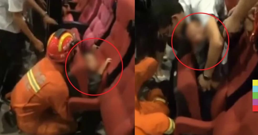 อุทาหรณ์ ! ด.ช.ชาวจีน ตัวติดในร่องเก้าอี้โรงหนัง จนท.ระดมช่วย