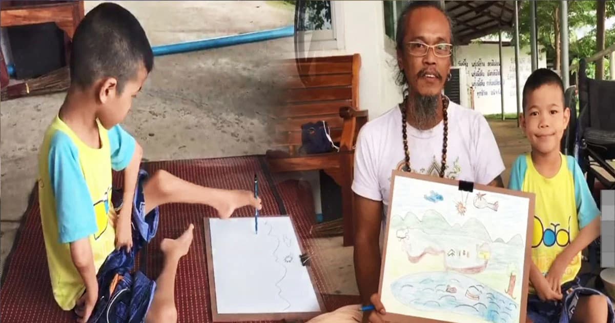 สุดทึ่ง ! เด็กชายวัย 9 ขวบ พิการเเขนขาลีบ ฝึกใช้นิ้วเท้าวาดภาพ หวังเป็นอาชีพเลี้ยงตัวในอนาคต