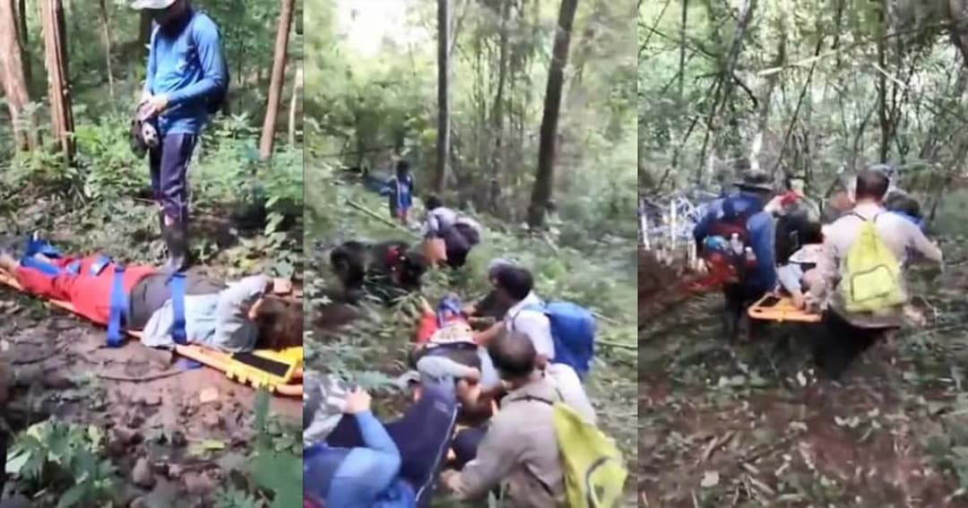 ช่วยระทึก ! กู้ภัยลุยช่วยสาวใหญ่เก็บเห็ดโคน พลัดตกเขาอาการสาหัส