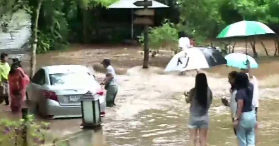 น้ำป่าดอยสุเทพมาอีกแล้ว ! ทะลักลงหลังดอยคำ ลูกค้าร้านกาแฟถูกสายน้ำตัดขาด