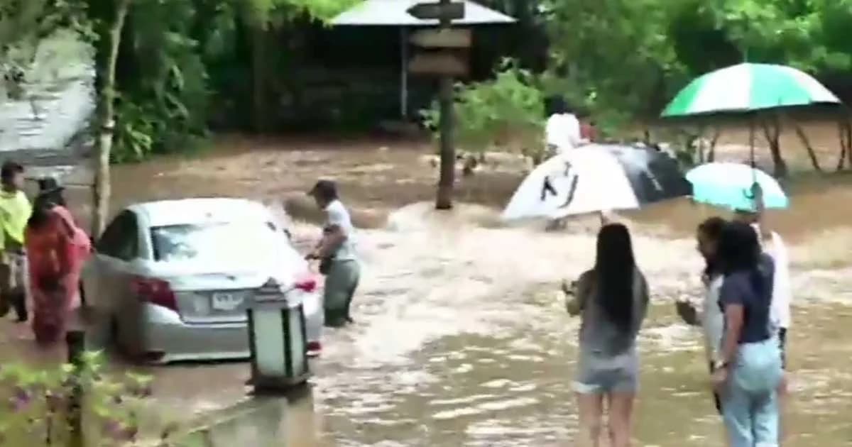 น้ำป่าดอยสุเทพมาอีกแล้ว ! ทะลักลงหลังดอยคำ ลูกค้าร้านกาแฟถูกสายน้ำตัดขาด