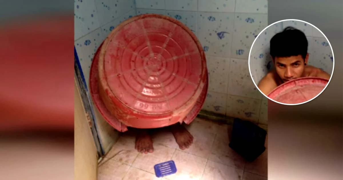 เนียนสุด ! หนุ่มเสพยาบ้าใช้กะละมังพรางตัวหวังหนี ตร. แต่ขาดันโผล่