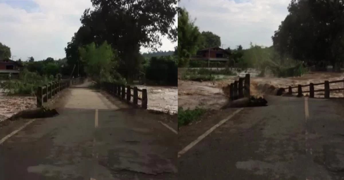 นาทีระทึก ! น้ำป่าซัดสะพานเชื่อมสองอำเภอขาด หายไปต่อหน้าต่อตา