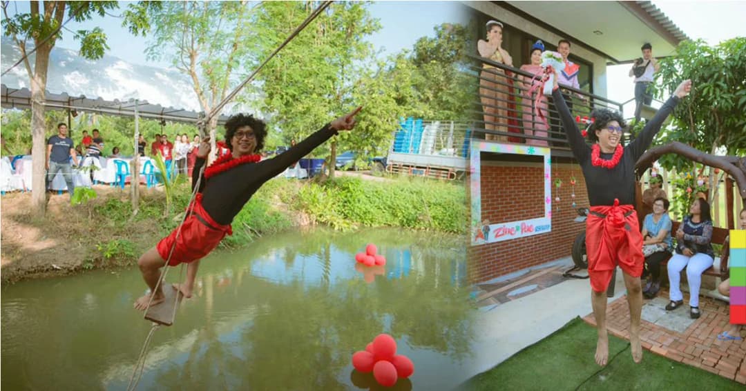 สุดฮา ! เจ้าบ่าว เเต่งเป็นเงาะป่า โหนสลิงไปสู่ขอเจ้าสาว ในชุดรจนา