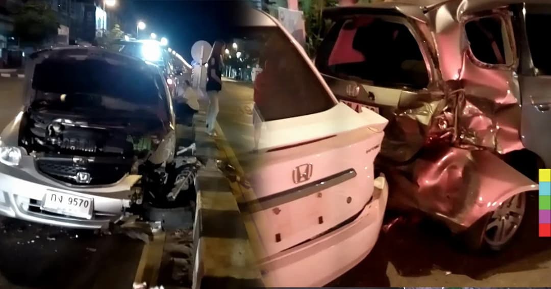 ชนสนั่น ! เก๋งซิ่งออกจากสถานบันเทิง ก่อนพุ่งชนรถ 4 คันรวด