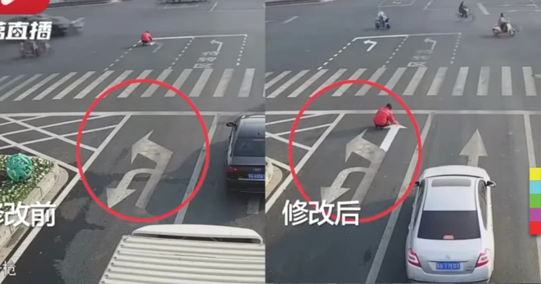 หนุ่มจีนเบื่อรถติด พ่นสีลูกศรบนถนนเอง หวังถึงบ้านเร็วขึ้น