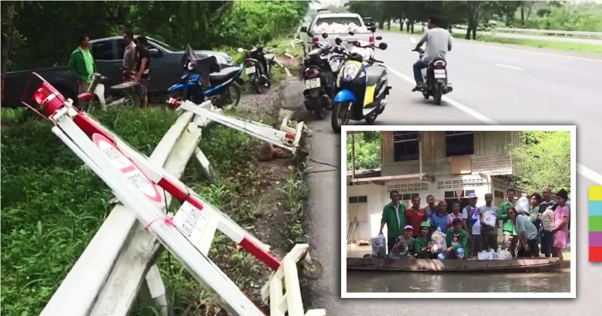 หนีน้ำท่วม นอนริมถนน ! รถพุ่งชนราวเหล็กกั้น สัญญาณไฟ ใกล้เต็นท์ชาวบ้าน