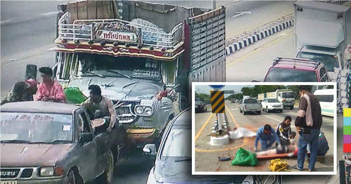 รถบรรทุก 10 ล้อ เบรกแตก ชนท้ายรถกระบะติดไฟเเดง ดับ 1 เจ็บ 5