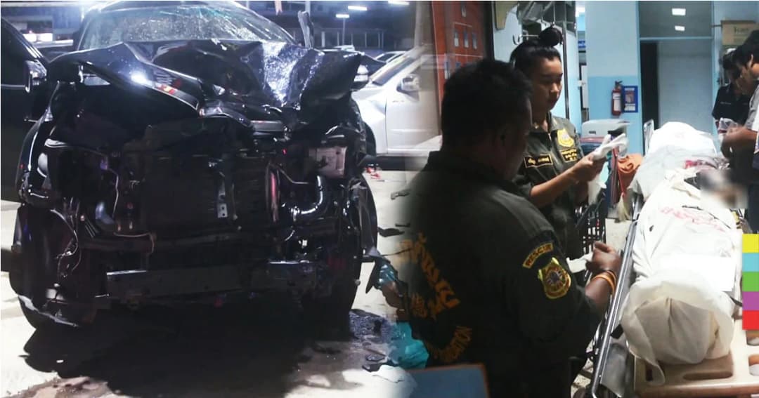 คืบหน้า ! กระบะชน จยย.ซ้อนสี่ เสียชีวิต 3 ศพ ก่อนพุ่งเต็นท์รถมือสอง พังยับ