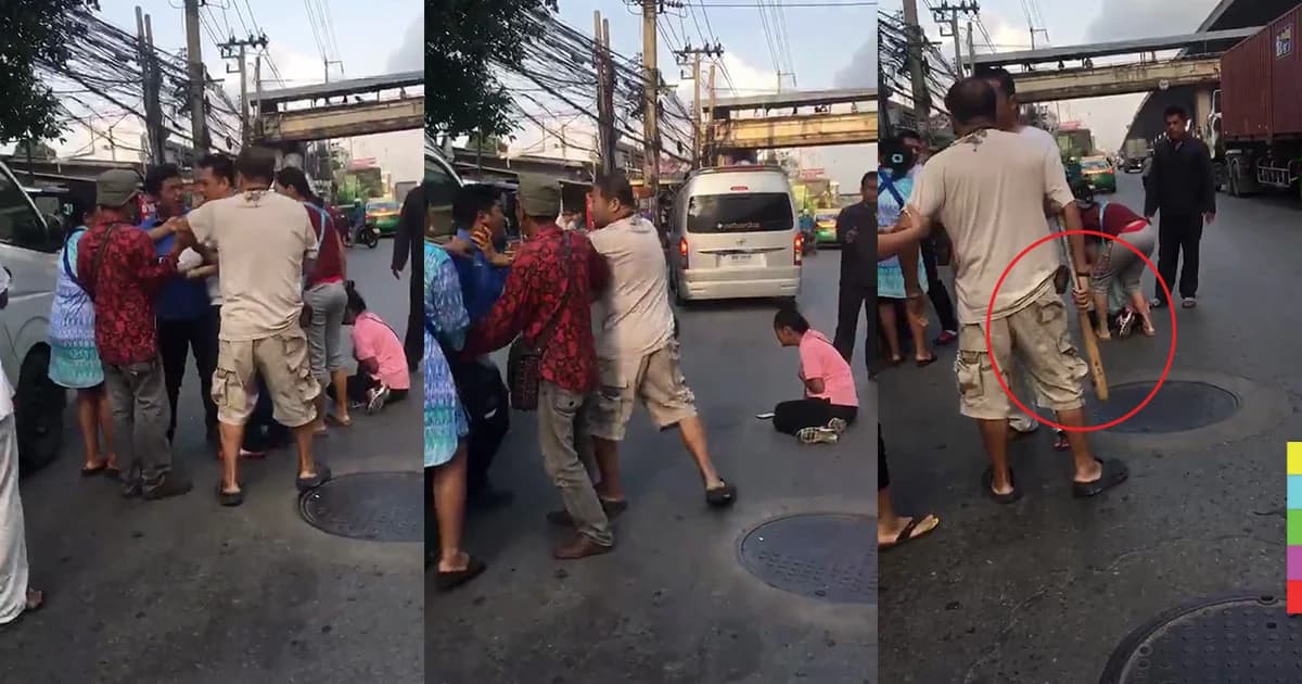 หนุ่มขี่จยย. ถูกรถตู้ปาดหน้าล้ม เจอคนขับถือ ‘ไม้เบสบอล’ ขู่