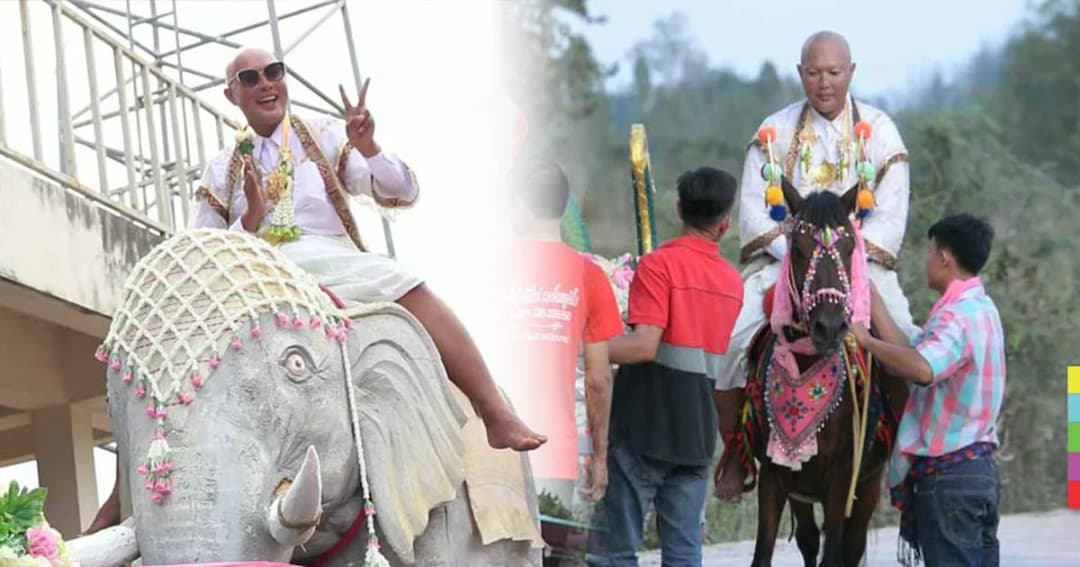 ฮือฮา ! งานบวชเจ้าของร้านเวดดิ้ง นาคขึ้นขี่หลังช้างแห่รอบโบสถ์สุดอลังการ