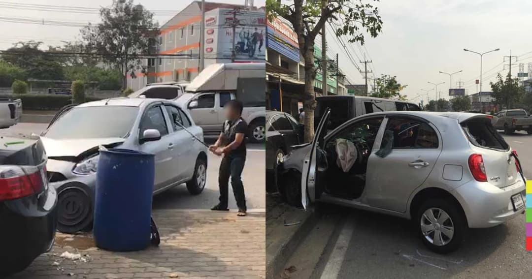 หนุ่มเดือด! คว้าท่อนเหล็กทุบรถคู่กรณี หลังเฉี่ยวชนกัน