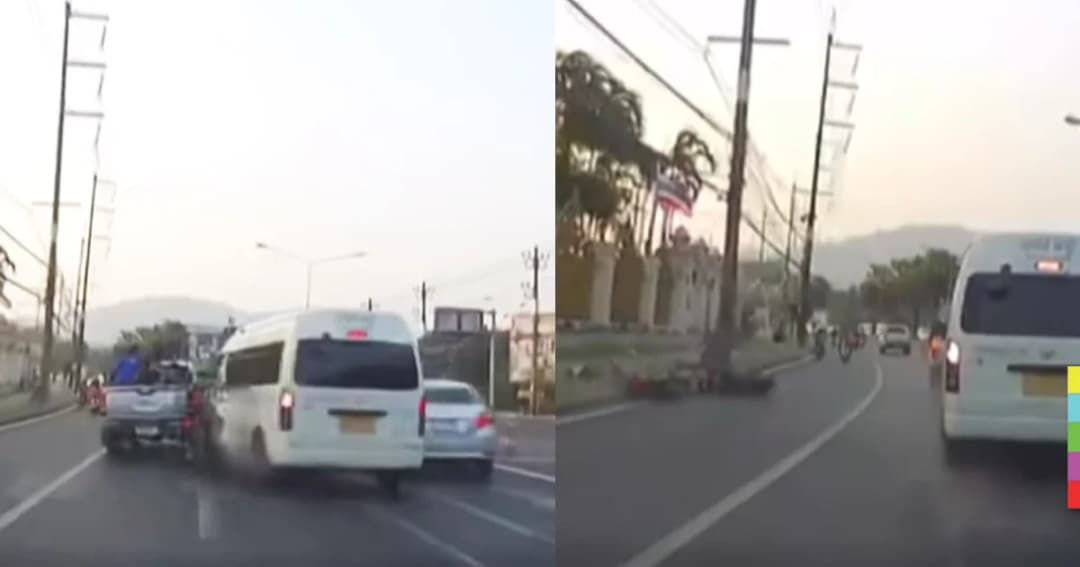 รถตู้ปาดซ้ายชนกระบะ จยย.เบรกไม่ทันชนซ้ำ ร่างกระเด็น