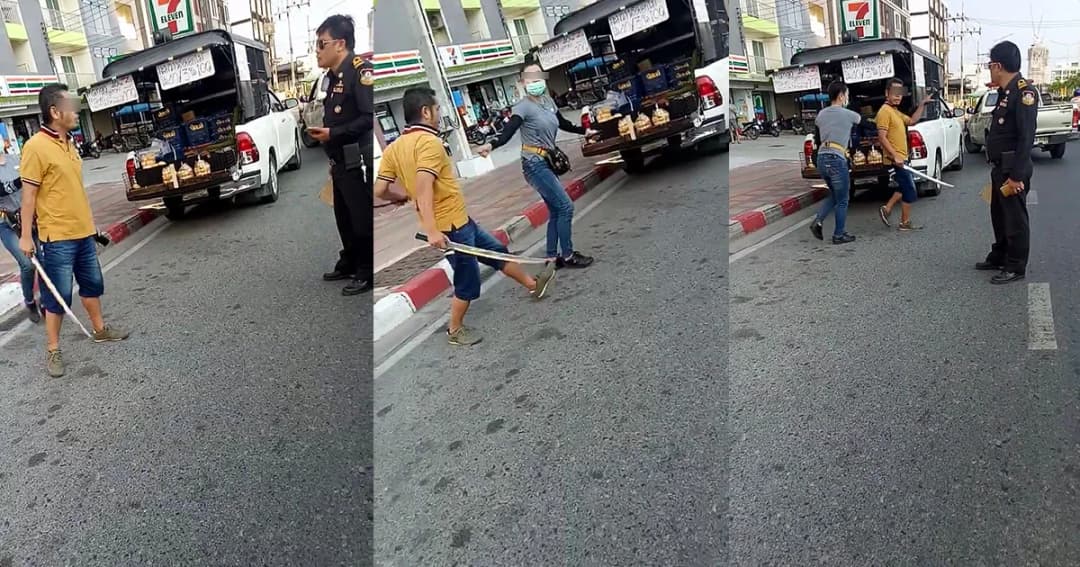 พ่อค้าเดือด ! เจอเทศกิจไล่ ชัก ‘ดาบซามูไร’ ขู่กลับ