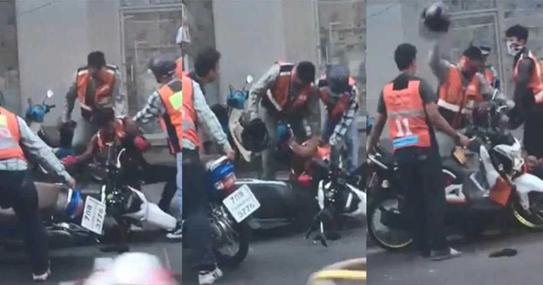 โหดจัด ! หนุ่มวินจยย.รุมตื้บวินด้วยกันกลางถนน คว้าหมวกกันน็อกฟาดไม่ยั้ง