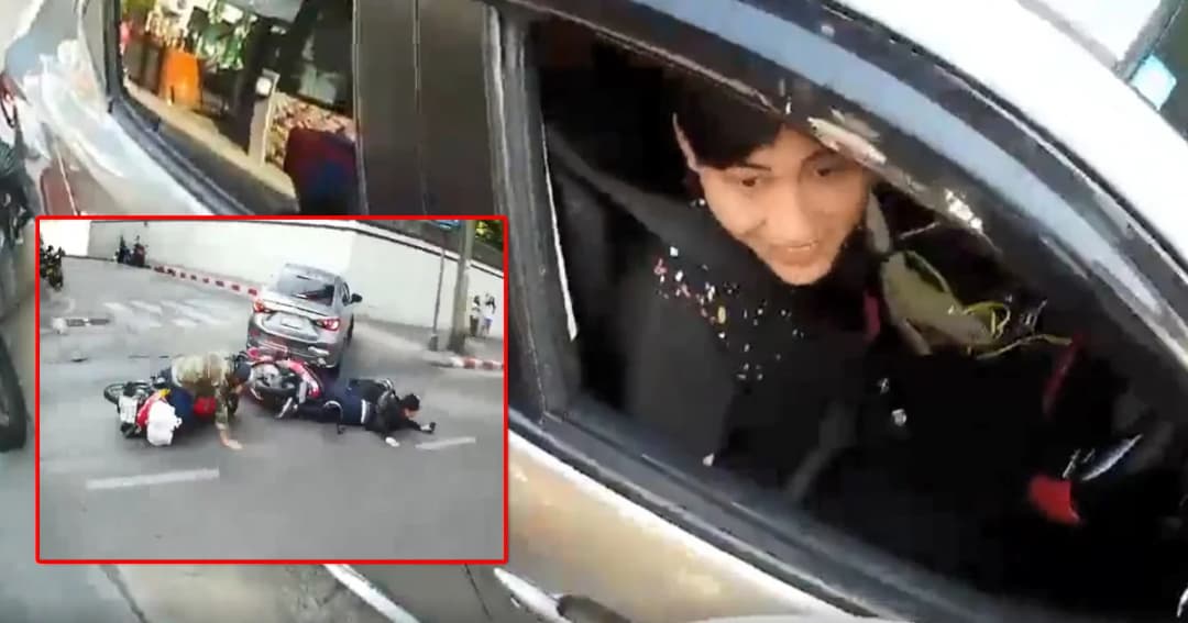 ชนแล้วหนี ! เก๋งมักง่ายขับปาดจากเลนขวา เบียดจยย.ล้ม เจอฮีโร่ตามตัวมารับผิด