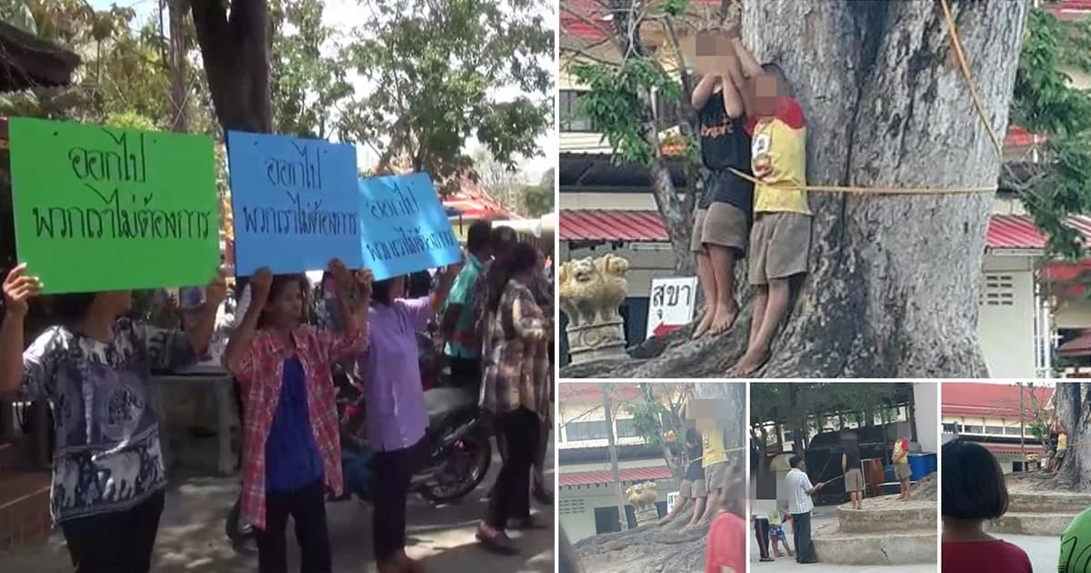 ชาวบ้านฮือไล่ 2 ผัว-เมีย ทำโทษเด็กจับขึงต้นไม้แล้วตี ฐานขโมยเงิน 200 บาท