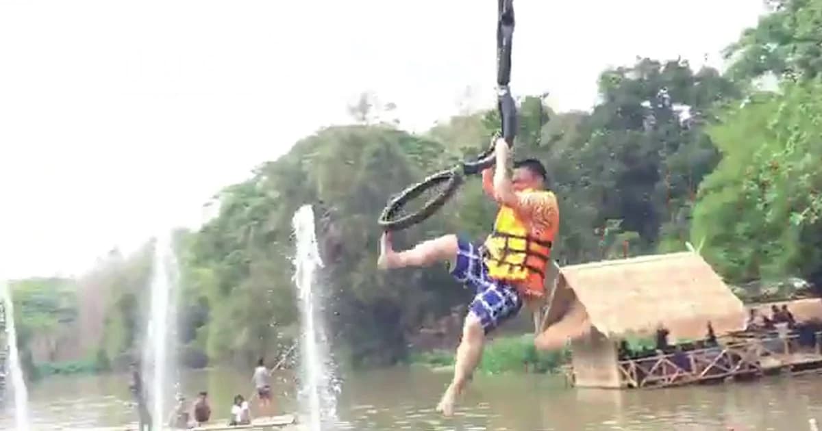 ผู้ว่าฯ สุโขทัย โหนสลิงโดดน้ำ ชวนคนมาเที่ยวแลนด์มาร์กแห่งใหม่