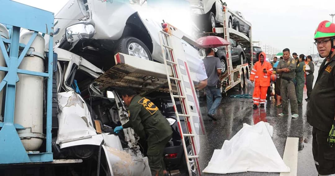 ฝนตก ถนนลื่น รถเทรลเลอร์ชนกัน คนขับเสียชีวิตคาที่