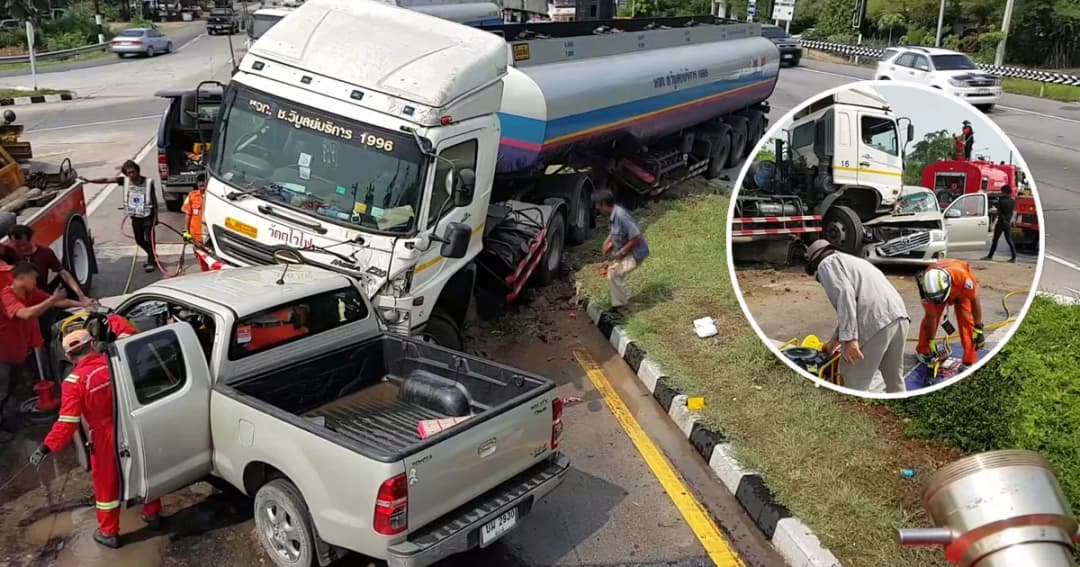 รถบรรทุกน้ำมันซิ่งแหกไฟแดงชนสนั่น 3 คันรวด กู้ภัยเร่งช่วยชีวิตผู้บาดเจ็บด่วน