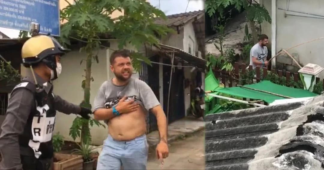 หนุ่มฝรั่งคลั่ง ปีนรั้ว บีบคอและไม้ไล่ตีชาวบ้าน