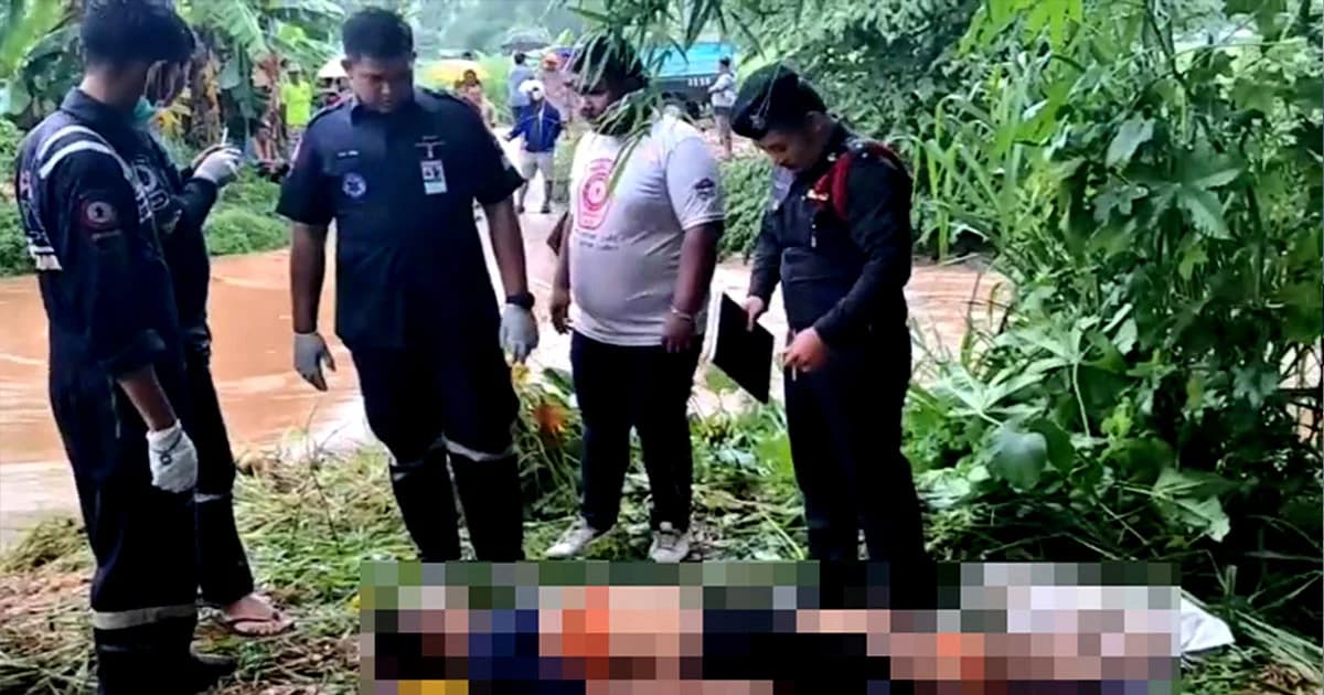 2 คนงานก่อสร้าง ขี่ จยย.ถูกกระเเสน้ำป่าพัด จมน้ำดับ 1