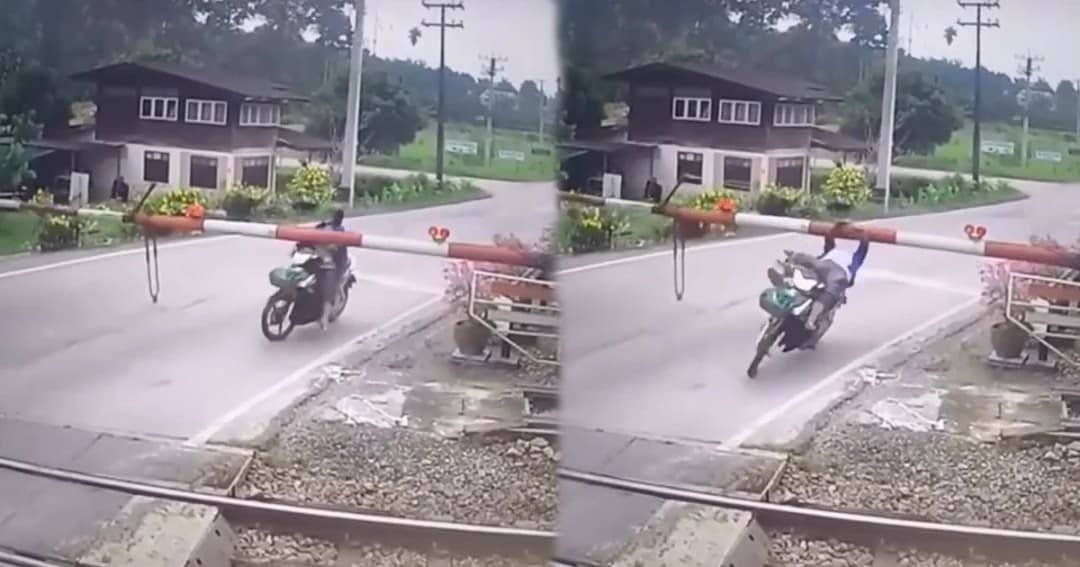 สาวใหญ่ซิ่งเบรกไม่ทัน ขี่ จยย.เสยไม้กั้นทางรถไฟ