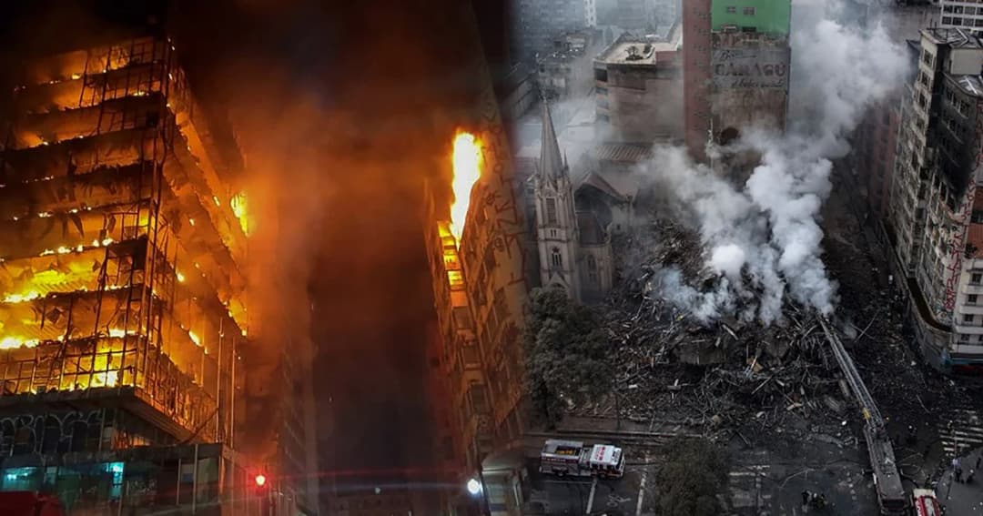 ไฟไหม้ตึกร้าง 24 ชั้น ในบราซิล ก่อนพังถล่มดับ 1 หาย 3