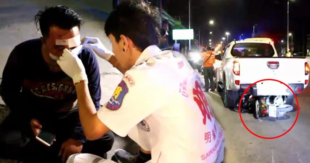 อุทาหรณ์! หนุ่มเมาซิ่งจยย.หนีด่านตรวจ พุ่งชนท้ายกระบะได้รับบาดเจ็บ