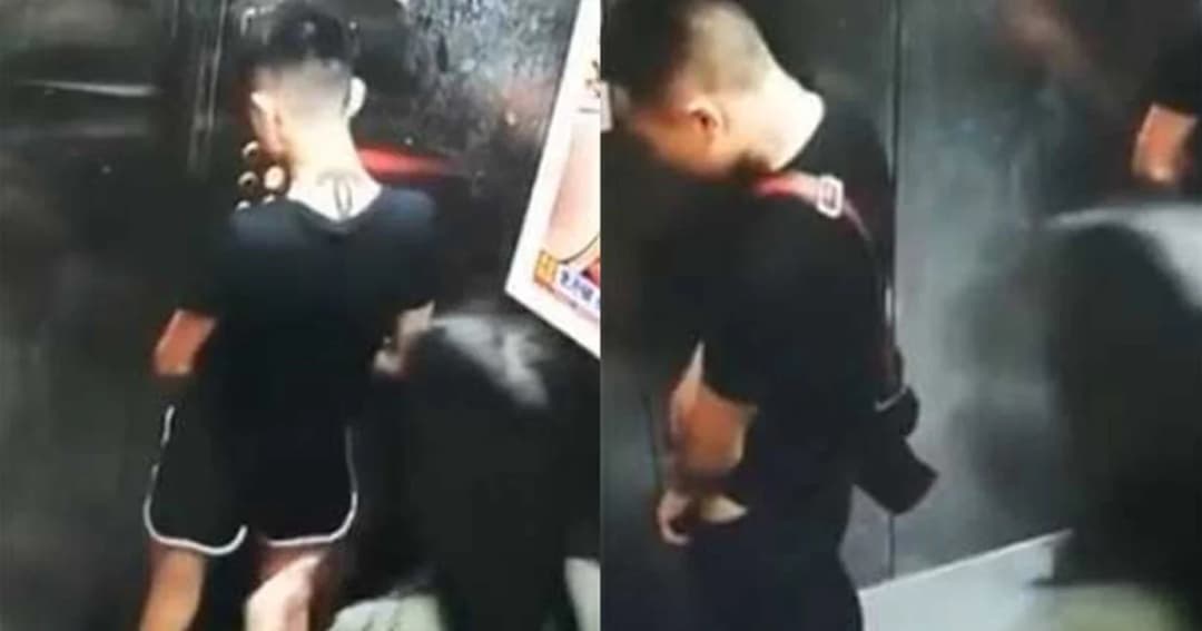 2 หนุ่มจีนแท็กทีมฉี่ใส่ลิฟต์ ด้านเพื่อนสาวพยายามใช้มือปิดกล้อง