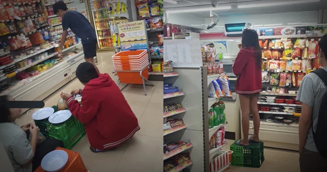 วิจารณ์สนั่น ! พนักงานเซเว่นตั้งโต๊ะกินข้าวกลางร้าน ยืนบนตะกร้าอาหาร