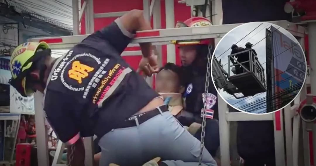 จนท.รุดช่วยหนุ่มช่างติดตั้งป้ายโฆษณา พลาดท่าถูกไฟฟ้าแรงสูงช็อต