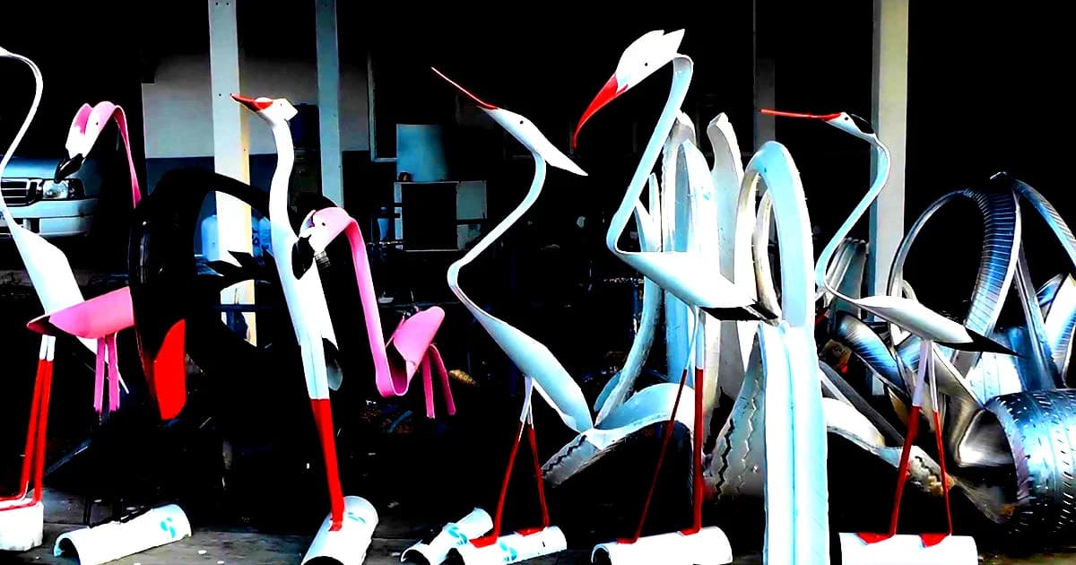 หนุ่มใหญ่ไอเดียเจ๋ง นำยางเก่าและท่อน้ำ มาประดิษฐ์เป็นห่าน นกกระยาง