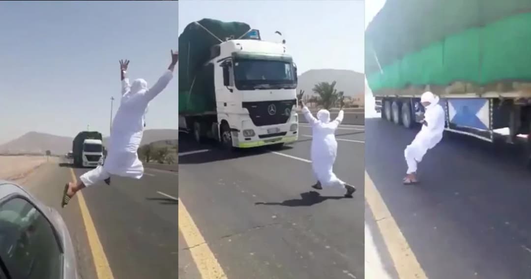 หวาดเสียว ! วัยรุ่นซาอุฯ เล่นพิเรนทร์กระโดดตัดหน้ารถบรรทุก