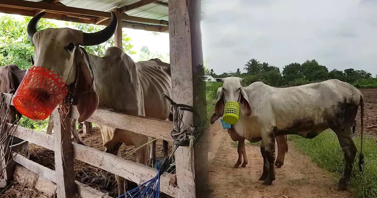 หวั่นสารเคมี ! ใช้ตะกร้าครอบปากวัว ไม่ให้กินหญ้าข้างทางขณะต้อนเข้าคอก