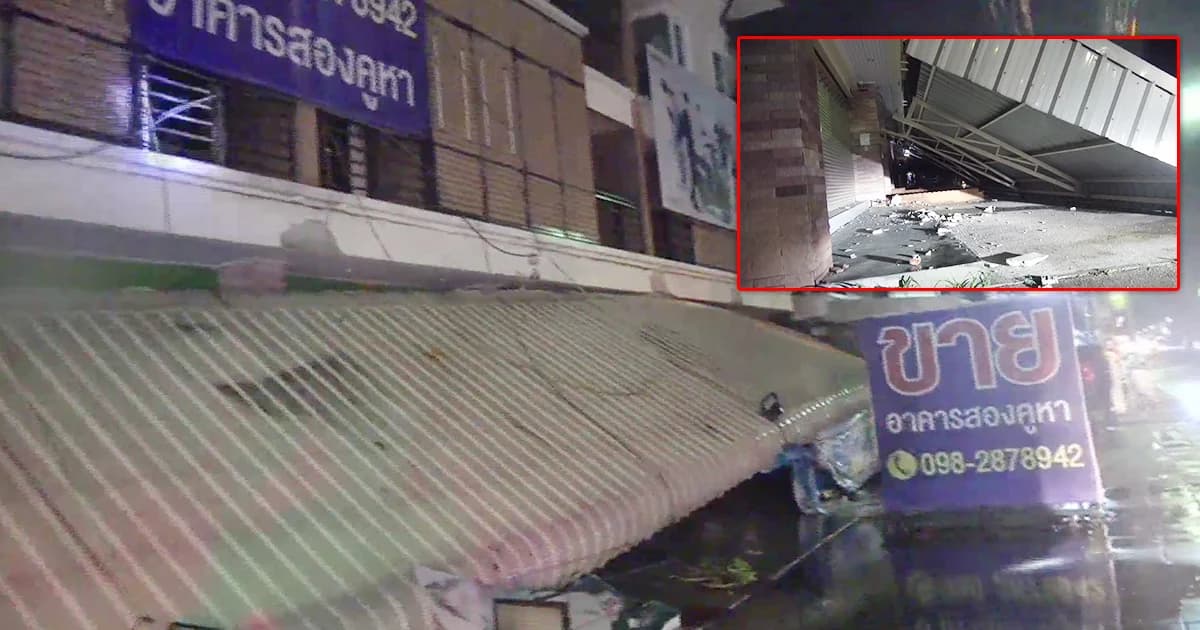 ‘ชลบุรี’ ฝนกระหน่ำ-ลมกระโชกแรง กันสาด 8 คูหา ถล่มทับรถพังยับ