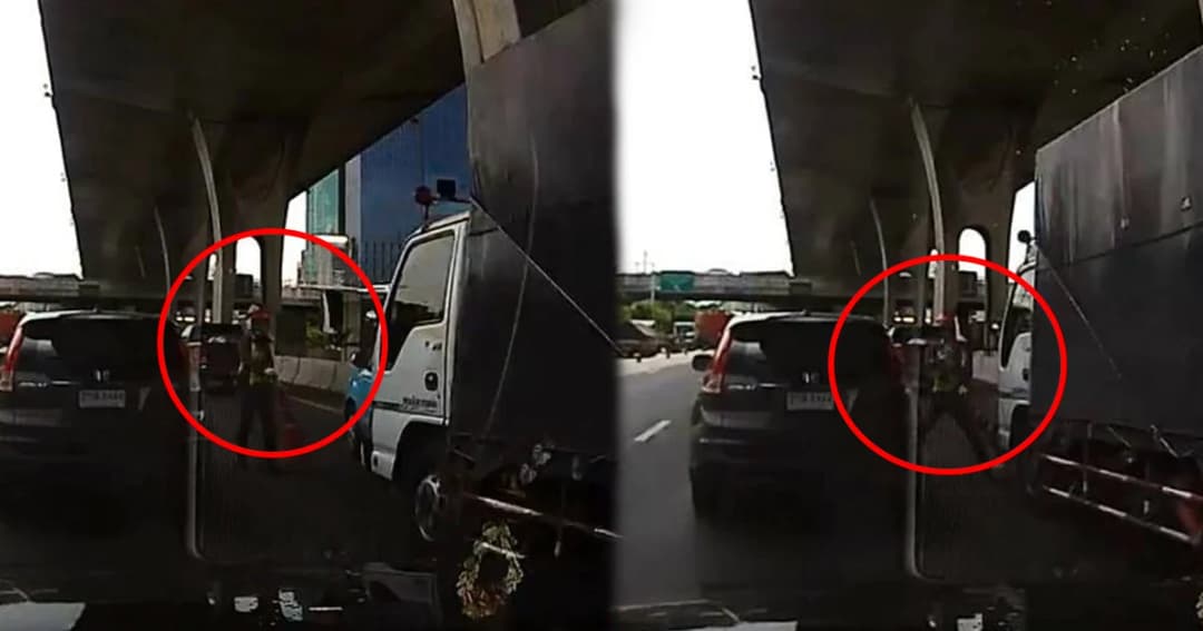 เฉียดแค่หน้า! ตร. ตั้งกรวยกลางถนน หวิดโดนรถบรรทุกชน