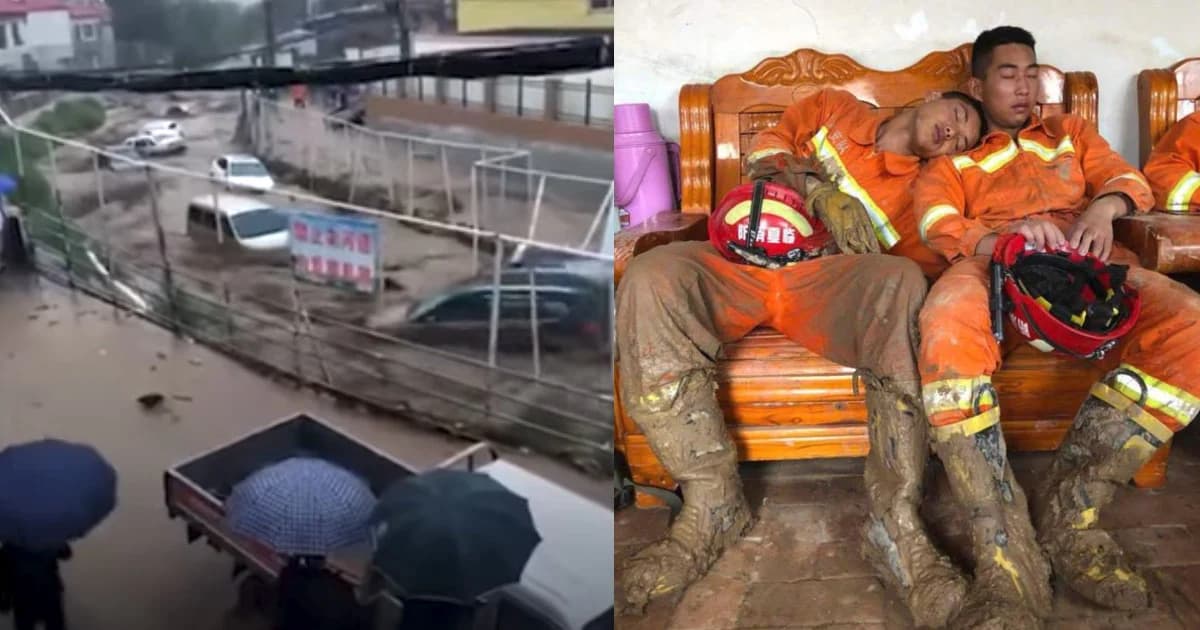 จีนฝนตกน้ำท่วมพัดรถพังเสียหาย กู้ภัยช่วย ปชช. 24 ชม. งีบทั้งชุดเปื้อนโคลน
