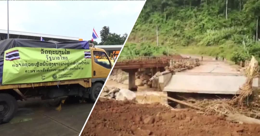 รัฐบาลไทยส่งเครื่องจักรกลช่วยซ่อมถนนถูกน้ำพัดขาด ในแขวงอัตตะปือ