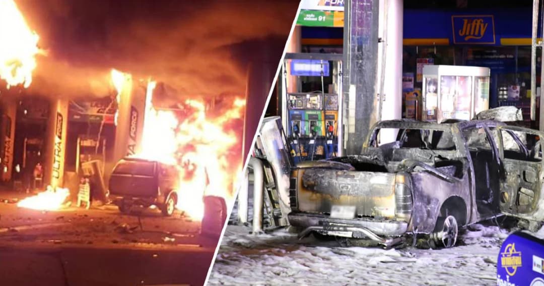 ไฟลุกท่วม! กระบะเสียหลักถูกชนท้าย พุ่งชนหัวจ่ายปั๊มน้ำมันย่านรามคำแหง เจ็บ 3 ราย