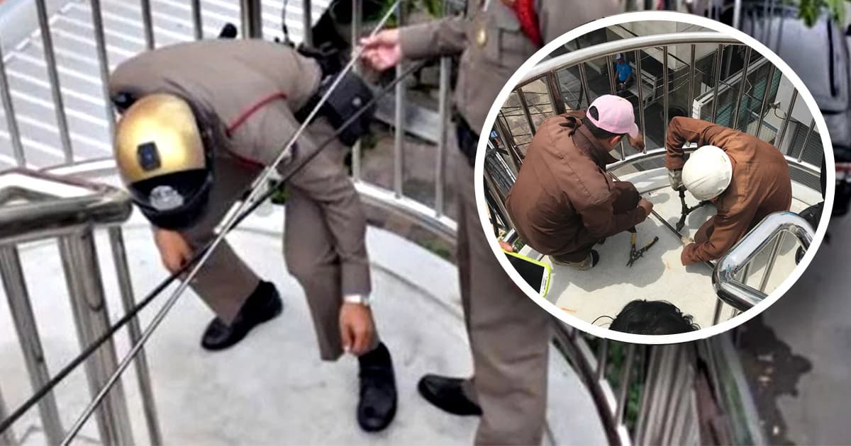 ตัดเเล้ว ! สายเคเบิลทะลุกลางสะพานลอย ผอ.เขต ลงพื้นที่คุมงาน