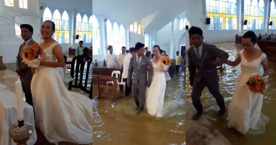 เจ้าสาวสุดสตรอง ! ยืนหยัดสวมชุดแต่งงาน เข้าพิธีวิวาห์ในโบสถ์แม้น้ำท่วม