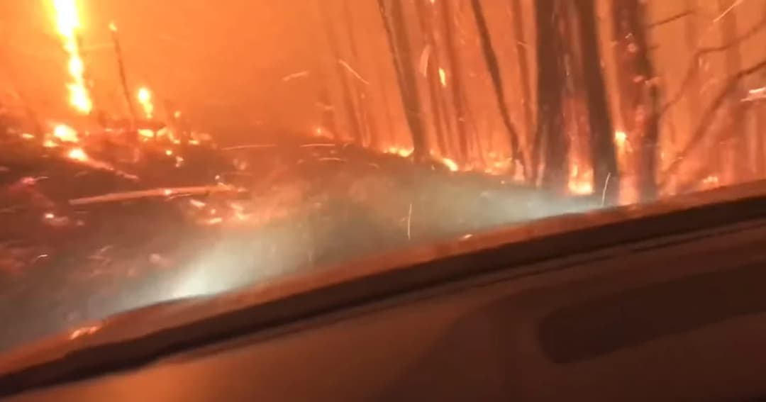 เปิดคลิปนาทีพ่อลูกขับรถฝ่าไฟไหม้ป่าระทึก สุดท้ายรอดเพราะมีสติ