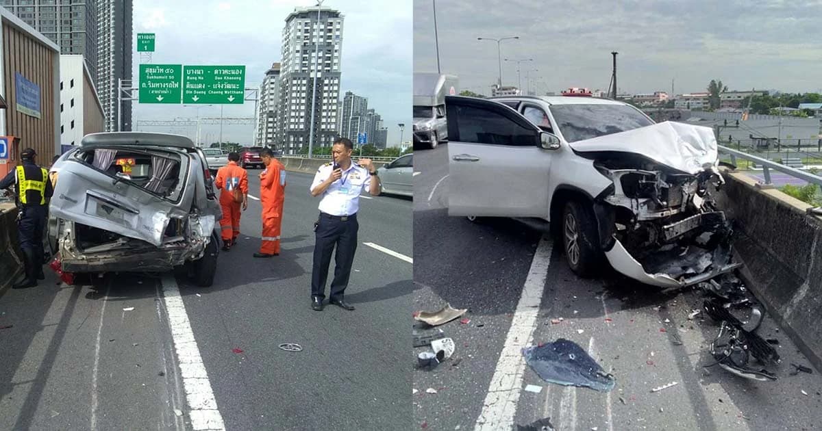 ชนสนั่น! เฉี่ยวรถจอดเสียกระแทกร่างคนตกทางด่วนดับ-ตร.จราจรเจ็บ