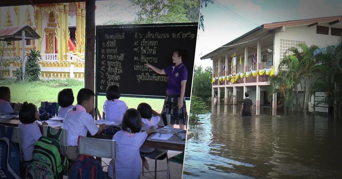 นครพนม น้ำล้นตลิ่ง ! สั่งปิดเรียนไม่มีกำหนด ครูต้องอพยพเด็กไปสอนในวัด