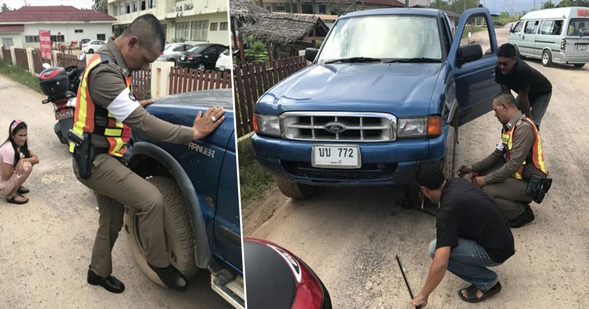 ชาวเน็ตชื่มชม ! ดาบตำรวจช่วยประชาชนเปลี่ยนยางรถยนต์ริมถนน