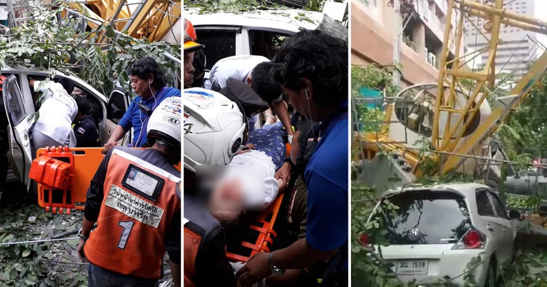 หนีตายวุ่น! เครนเกี่ยวเสาไฟฟ้าล้มทับรถย่านศาลาแดง เจ็บ 3 ราย รถยนต์เสียหาย 4 คัน