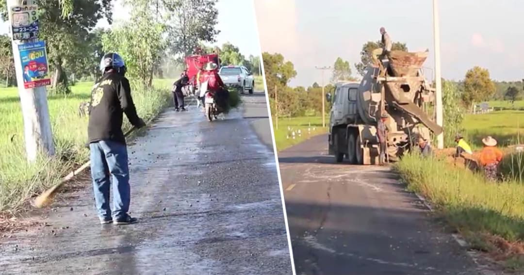 ทำเอาวุ่น ! รถโม่ปูนสำเร็จรูปทำปูนและหินหกบนถนน ระยะทางกว่า 2 กม.