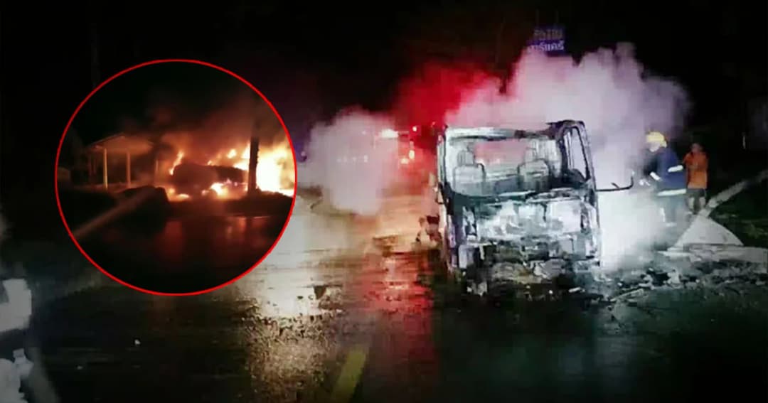 รถหกล้อบรรทุกแอลกอฮอล์ ชนประสานงานสิบล้อไฟลุกท่วม เจ็บ 5 ราย